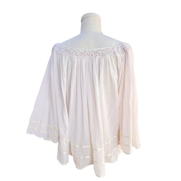 Vintage Mexican Gauze Blouse Angel Sleeves Crochet Ribbons One Size 1970's - Picture 4 of 7